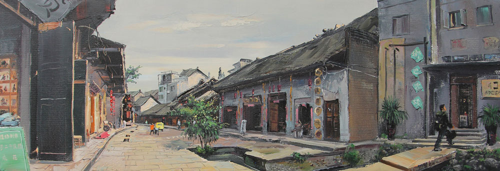 柳江古镇之四 布面油画 30x90cm