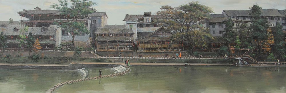 柳江古镇之一 布面油画 30x90cm