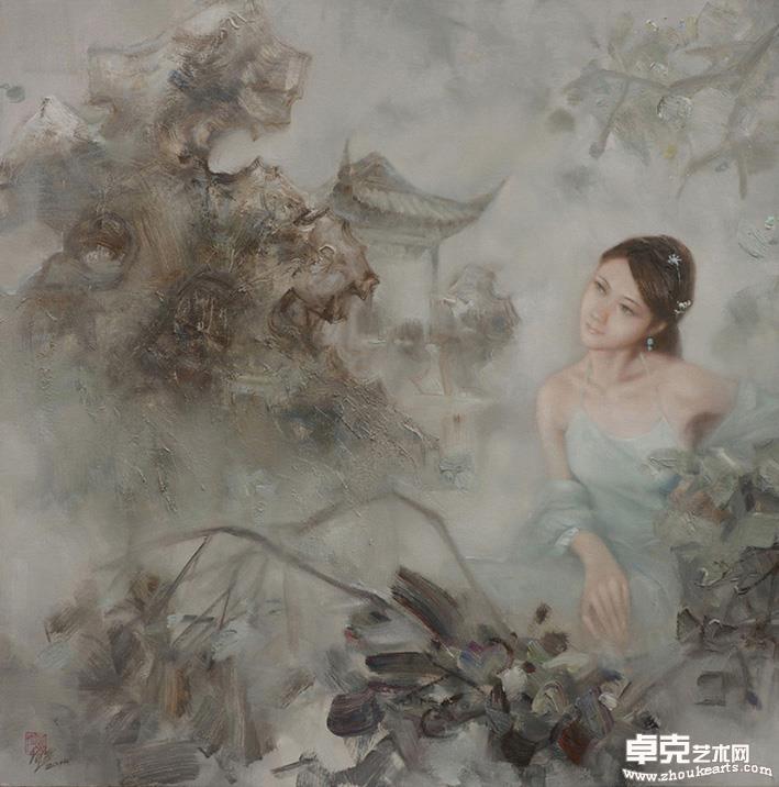何达油画《春苑佳人》 100x100cm