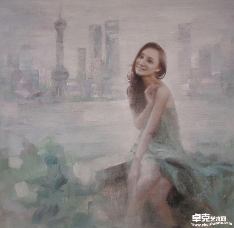 何达油画《含情无语》100x100cm