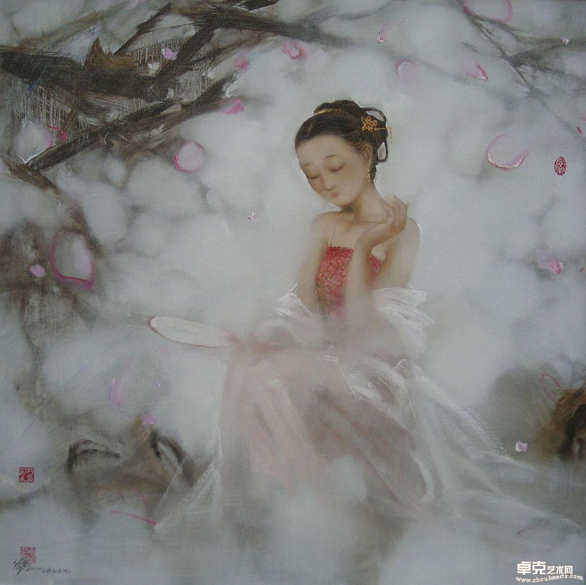 何达油画《落红成阵》100x100cm