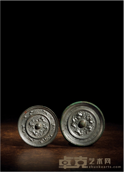 唐 青铜铭文跑兽镜、花鸟跑兽镜 （一组两件） 1.直径11.6cm；2.直径12.8cm